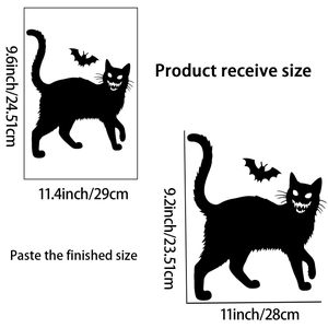 Detail of Halloween black cat and bat wall stickers with product dimensions and sizing