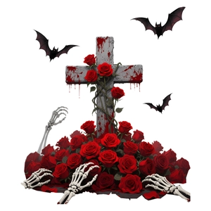 Gothic Halloween Kreuz mit roten Rosen und Skeletten Fensteraufkleber Dekoration