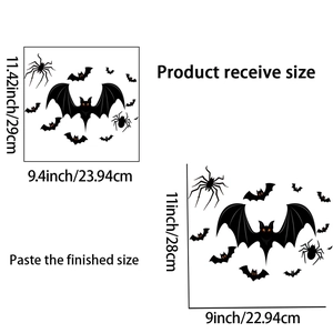 Halloween wall sticker size guide showing black bat and spider decals dimensions