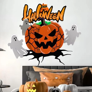 Halloween wall sticker set featuring a cracked pumpkin, ghosts, and Halloween text