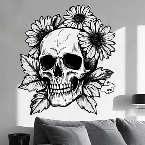 Skull and daisy floral wall decal for creative Halloween home decor in living room