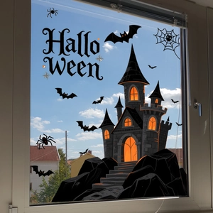 Halloween window clings featuring black gothic castle, bats and spiders for holiday decor