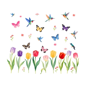 Colorful tulip floral and hummingbird window clings static stickers for home decoration
