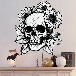Gothic floral skull wall sticker with white daisies for Halloween home decoration