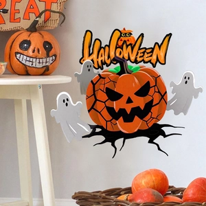 3D Halloween pumpkin wall decal with cute ghosts and orange Halloween lettering on a wall
