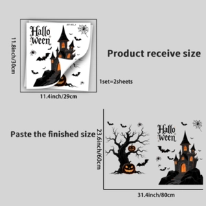Detailed dimensions of Halloween castle and bat window stickers with set layout and size specs