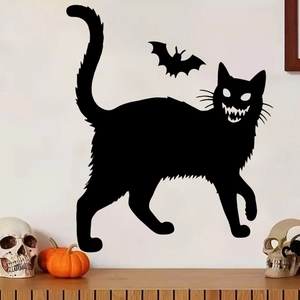 Halloween black cat and bat silhouette wall decals for spooky interior room decoration