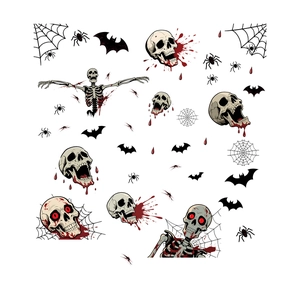 Stickers de fenêtre tête de mort pour Halloween avec taches de sang et chauves-souris noires