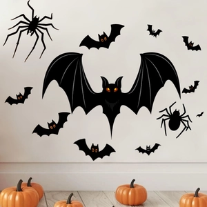 3D Halloween wall stickers featuring black bats and spiders with pumpkin home decor