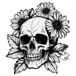 Skull and daisy vector wall sticker, hand-drawn floral skeleton art for Halloween decor