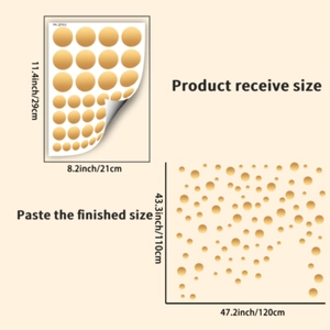 Detailed size chart for golden circle wall stickers showing layout and finished dimensions