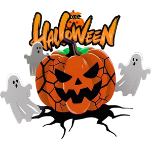 Halloween pumpkin sticker featuring a spooky cracked face, ghosts, and Halloween text
