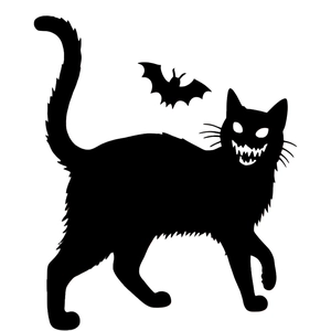 Halloween black cat and bat silhouette wall sticker decal with glowing eyes and sharp fangs