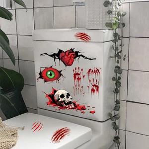 Halloween bloody handprint and skull toilet stickers with 3D crack visual effect for decor