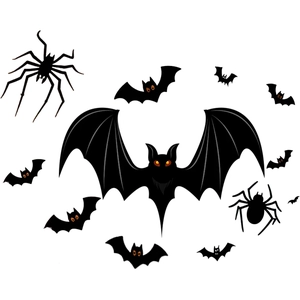 Halloween wall stickers featuring black bats with orange eyes and spiders for party decor