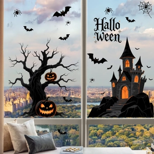 Halloween window clings featuring black castle, bats and pumpkins on glass background