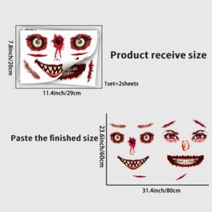 Halloween scary face stickers set showing dimensions of 2 sheets with creepy eyes and teeth