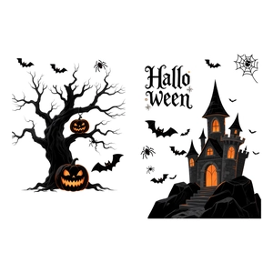 Halloween window stickers with bats, gothic castle and pumpkin lanterns on tree