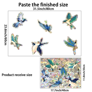 Detailed size guide for bird window decals showing layout and finished dimensions