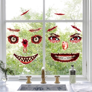 Creepy Halloween face decals with bloody eyes and teeth for window decoration