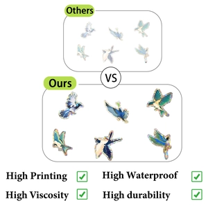 Comparison showing vibrant holographic bird stickers with high printing quality and durability