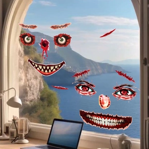 Creepy Halloween face decals with bloody eyes and monster teeth on window glass