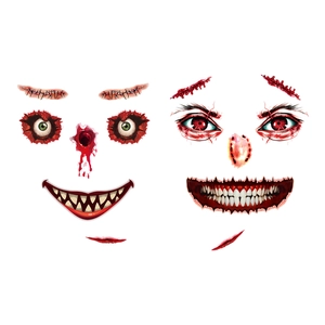 Creepy Halloween face stickers set with scary eyes and bloody mouth on white background