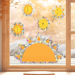 Rainbow sun window prism stickers set with decorative geometric texture and cute faces