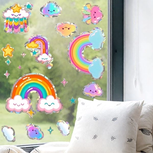 Rainbow and smiling cloud static window film stickers with laser holographic finish