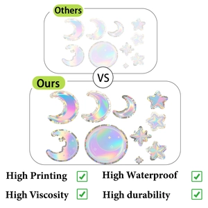 Confronto dettagliato degli adesivi olografici luna e stella con finitura arcobaleno e alta qualità