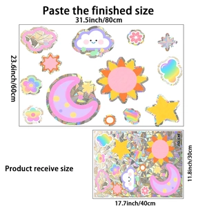Size chart for star and moon static cling window stickers showing layout and final dimensions
