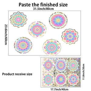 Detailed size comparison of multi-color mandala window decals for home glass decor