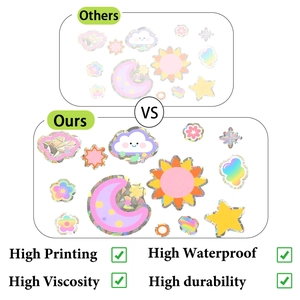 Detail showing high-quality laser holographic sun and moon window stickers with waterproof coating
