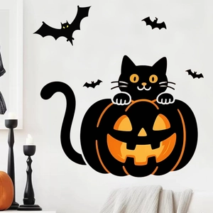 Halloween wall stickers set featuring a black cat in a pumpkin and four bats for decoration
