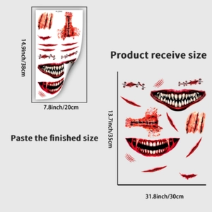 Halloween toilet stickers featuring bloody wounds and mouth designs with dimensions info