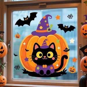 Halloween Fensteraufkleber mit Cartoon schwarze Katze Kürbis und Fledermäuse auf Glas