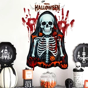 Halloween wall decals featuring a black cloaked skeleton, red blood drips and pumpkins