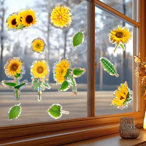 Sunflower and leaves window film with rainbow prism edge for home decoration