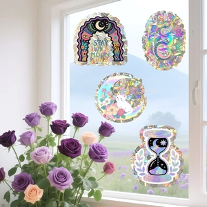 Autocollants de fenêtre chat lune et sablier arc-en-ciel avec motifs célestes bohèmes