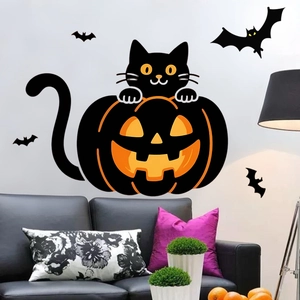 Halloween wall decals set with black cat in jack-o-lantern and bats for home decor