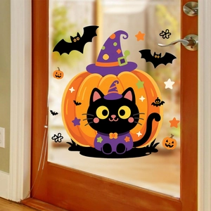 Halloween Fensterbilder mit schwarzer Katze, Hexenhut, Kürbis und Fledermäusen