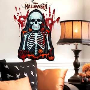 Halloween wall sticker featuring a black cloaked skeleton with pumpkins and bats design