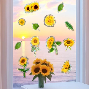 Rainbow suncatcher window decals featuring sunflower and leaf designs on glass surface