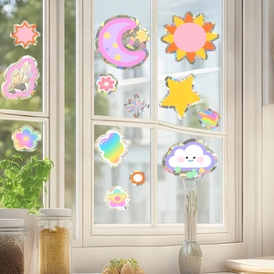 Rainbow sun catcher window stickers with star moon and cloud patterns for home decor
