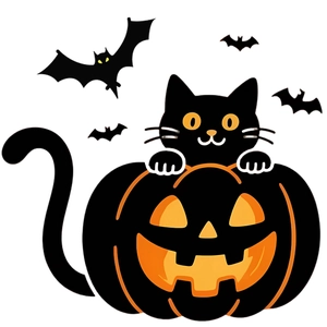 Halloween wall sticker featuring a cute black cat inside a pumpkin with bats