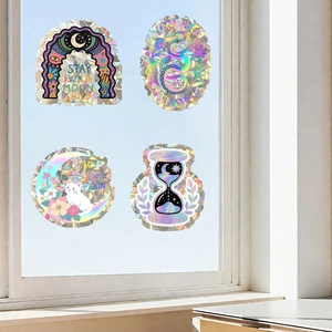 Autocollants prismatiques pour fenêtres avec motifs lune, chat et sablier pour décor
