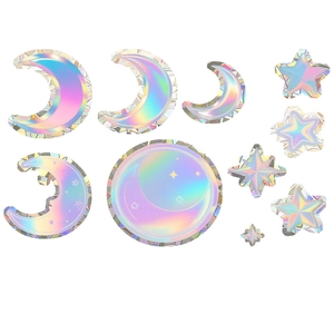 Adesivi olografici per finestre con luna, stelle e motivi geometrici celesti