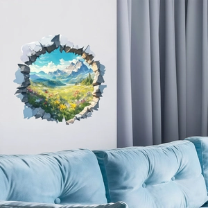3D cracked wall sticker with majestic snowy mountain and lake landscape for home decor