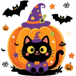 Halloween Fensteraufkleber mit Cartoon-Katze, Zaubererhut und großen orangefarbenen Kürbissen