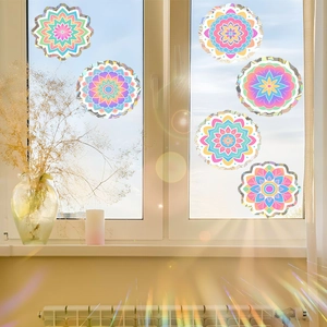 Mandala window suncatcher stickers for home glass decor with colorful rainbow light effects
